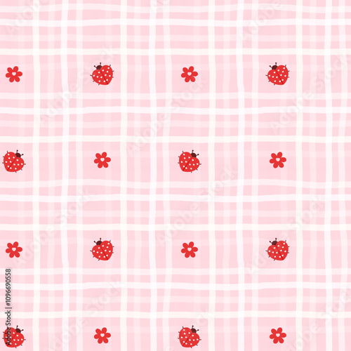 Cute seamless checkered pattern with ladybug and flowers. Vector Pastel background. Valentines day and love