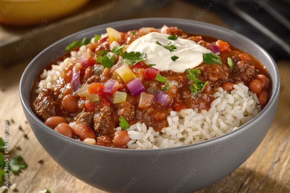 A warm and comforting bowl of chili served with a side of rice, perfect for a cozy meal or snack A warm and comforting bowl of chili served with a side of rice, perfect for a cozy meal or snack