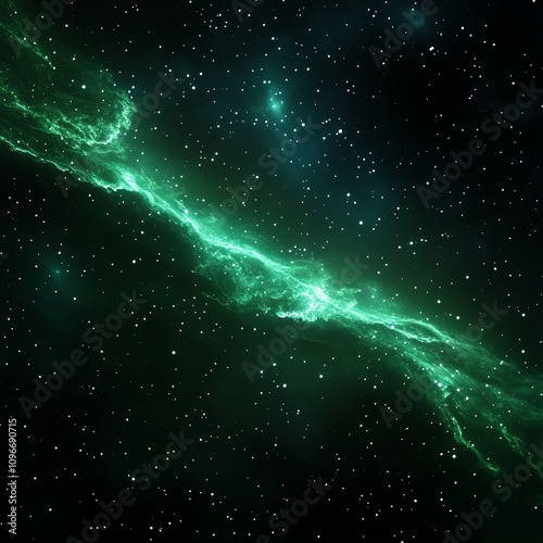 Vibrant green nebula illuminated in a starry cosmos.