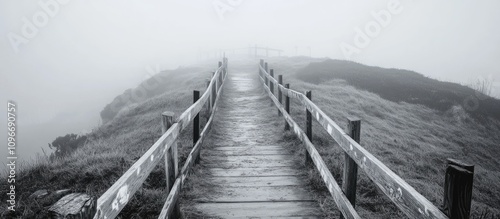 Mysterious wooden path leading into dense fog covering a serene landscape in black and white tones.