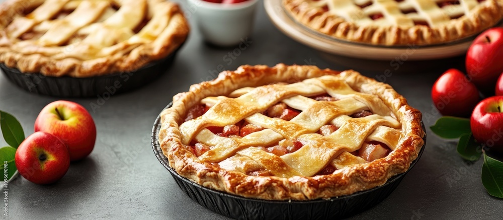 Delicious pie components including apples and pastry on a grey backdrop perfect for baking enthusiasts and food photography. Delicious pie components including apples and pastry on a grey backdrop perfect for baking enthusiasts and food photography.