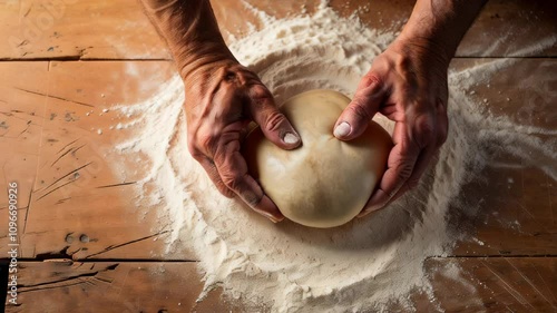 Hands kneading bread dough on a floured wooden surface. Baking and traditional cooking concept.