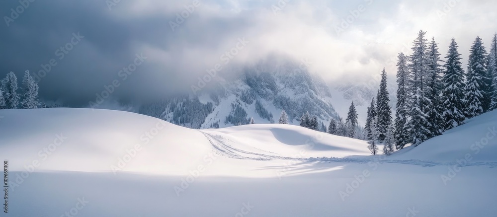 Obraz premium Serene winter landscape with snow-covered hills and pine trees under a cloudy sky in a tranquil mountainous setting