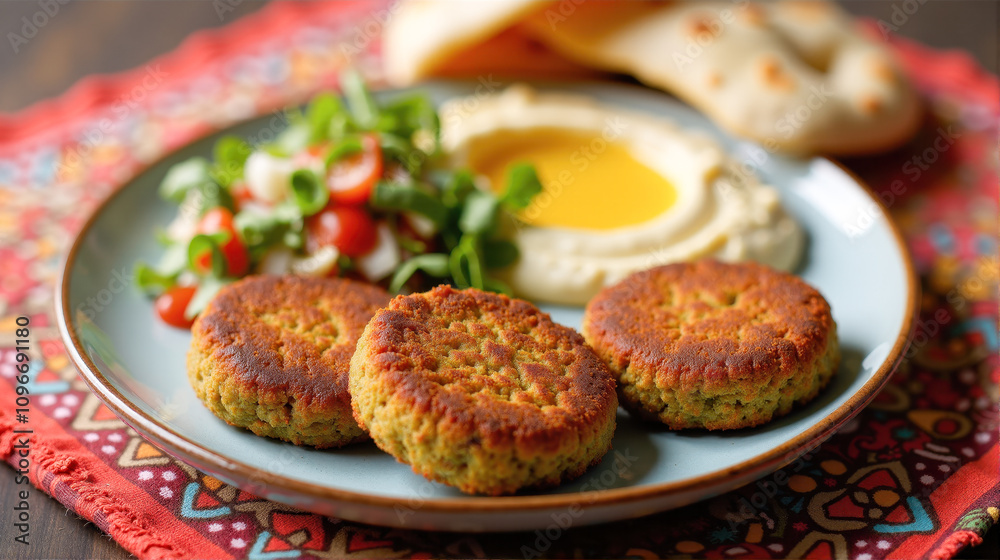 Delicious falafel platter with hummus, salad, and bread served on decorative plate Delicious falafel platter with hummus, salad, and bread served on decorative plate