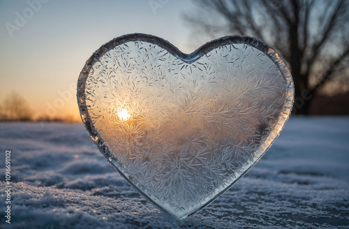 frosty window with a small heart drawn in the condensation on one side