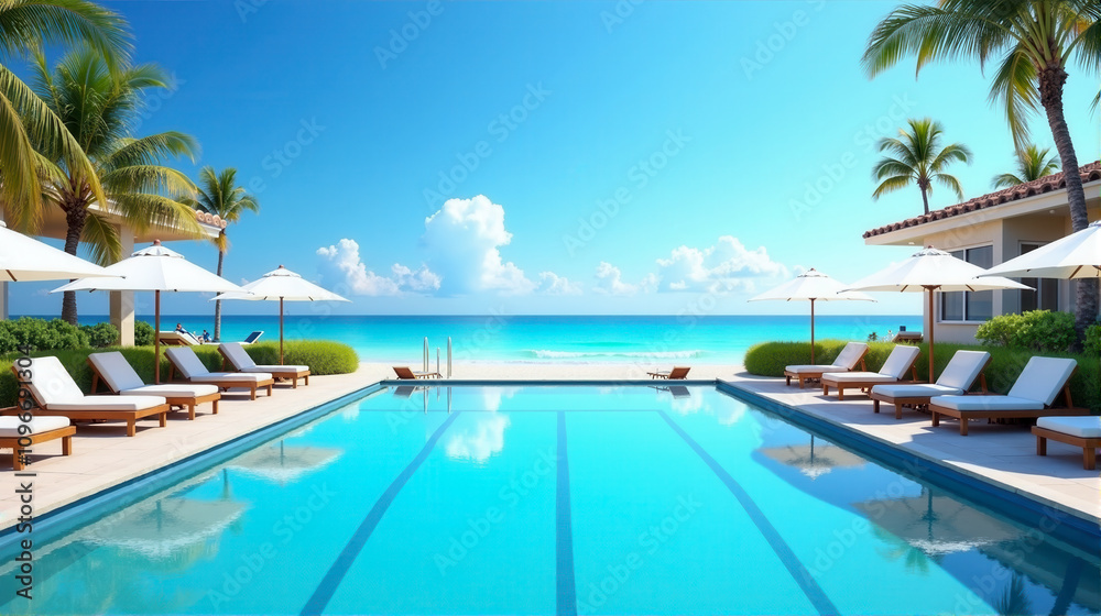 Luxurious poolside retreat with ocean views on a sunny day in a tropical paradise Luxurious poolside retreat with ocean views on a sunny day in a tropical paradise