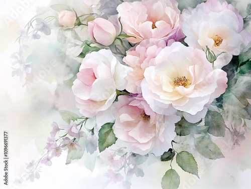  Romantic watercolor bouquet of roses and greenery