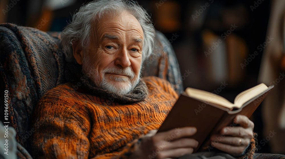 An elderly man sitting comfortably in a cozy armchair, holding a book with a warm and content expression, enjoying a quiet moment of relaxation. This peaceful scene symbolizes the joys of reading, lei An elderly man sitting comfortably in a cozy armchair, holding a book with a warm and content expression, enjoying a quiet moment of relaxation. This peaceful scene symbolizes the joys of reading, lei