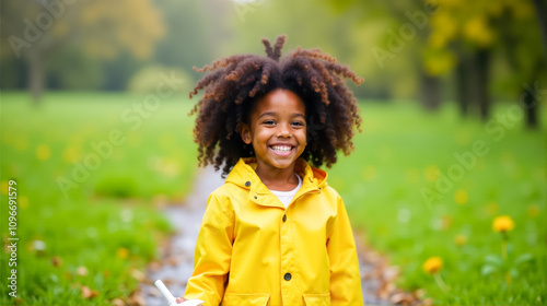 Joyful black girl in yellow jacket smiles while walking through a vibrant park during early spring
