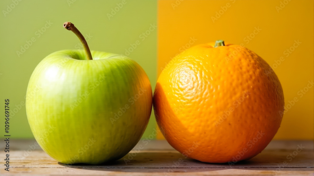 Fresh green apple and bright orange placed on a blue wooden surface Fresh green apple and bright orange placed on a blue wooden surface
