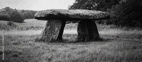 Ancient dolmen structure set in a lush green landscape captured in black and white showcasing historical significance and natural beauty