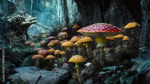 A group of mushrooms growing out of a tree stump in a forest setting photo