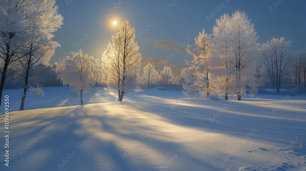 A serene winter landscape with a snow-covered meadow, frosty trees, and the soft glow of the moonlight casting long shadows. 32k, full ultra hd, high resolution - A serene winter landscape with a snow-covered meadow, frosty trees, and the soft glow of the moonlight casting long shadows. 32k, full ultra hd, high resolution -