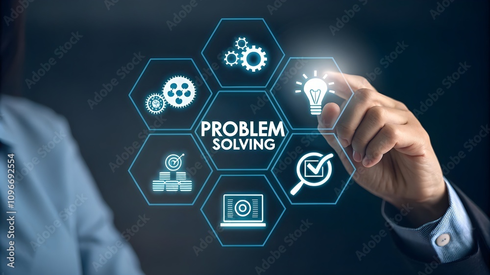 Problem Solving and Strategic Thinking Concepts. Emphasizing Problem Solving with icons for analysis, teamwork, strategy, creativity, and innovative approaches. Problem Solving and Strategic Thinking Concepts. Emphasizing Problem Solving with icons for analysis, teamwork, strategy, creativity, and innovative approaches.