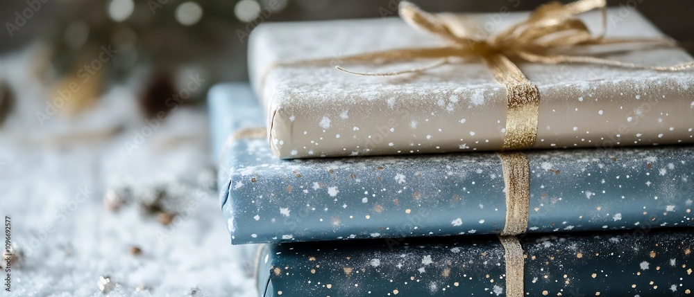 Beautifully Wrapped Holiday Gifts Featuring Frosty Wrapping Paper and Sparkling Winter Accents Such as Snowflakes Bows and Ribbons for a Magical Christmas or New Year s Beautifully Wrapped Holiday Gifts Featuring Frosty Wrapping Paper and Sparkling Winter Accents Such as Snowflakes Bows and Ribbons for a Magical Christmas or New Year s
