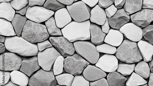 A close-up view of a textured stone wall, featuring an array of smooth and jagged stones in varying shades of grey and white. Perfect for design projects. photo