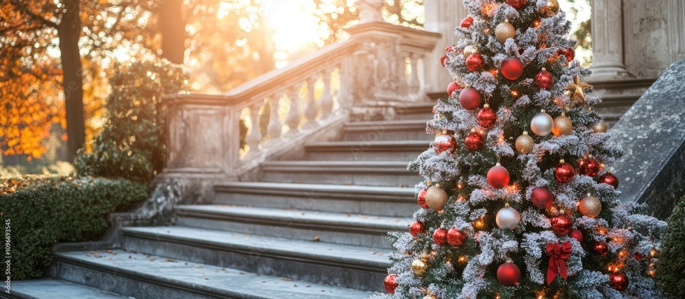 Festively adorned outdoor Christmas tree beside elegant grey stone steps in a serene winter landscape with warm sunset glow. Festively adorned outdoor Christmas tree beside elegant grey stone steps in a serene winter landscape with warm sunset glow.