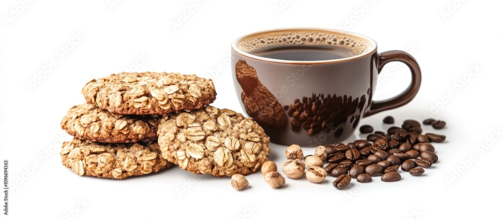 Oatmeal cookies stacked next to a cup of coffee with coffee beans showcasing a delicious pairing of hot beverages and sweet treats. Oatmeal cookies stacked next to a cup of coffee with coffee beans showcasing a delicious pairing of hot beverages and sweet treats.