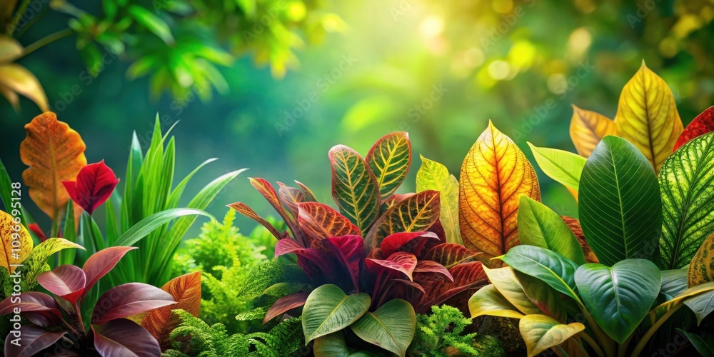 Naklejka premium A vibrant tapestry of leaves in shades of red, yellow, and green, illuminated by soft, diffused sunlight, creating a visual symphony of nature's artistry.