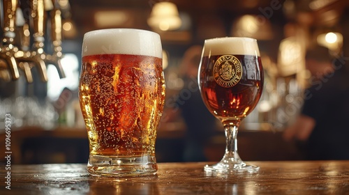 Chilled light beer in a frosted glass, dark beer in a tulip glass, soft foam, and blurred pub crowd ambiance.