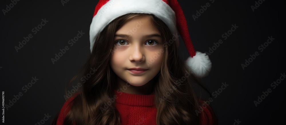 Charming young girl in a red Santa hat against a dark background showcasing holiday spirit and innocence. Charming young girl in a red Santa hat against a dark background showcasing holiday spirit and innocence.