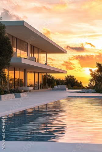 Modern Villa with Infinity Pool at Sunset.Golden hour.