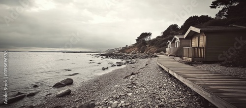 Coastal wooden beach huts on a pebbled shore with a boardwalk overcast sky vintage black and white photography nostalgic vacation scene