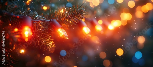 Colorful Christmas lights illuminating a blurred garland creating a festive atmosphere with snowflakes gently falling in the background.