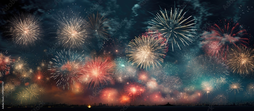 Fototapeta premium Vibrant fireworks display illuminating the night sky with colorful explosions and bursts of light creating a festive atmosphere