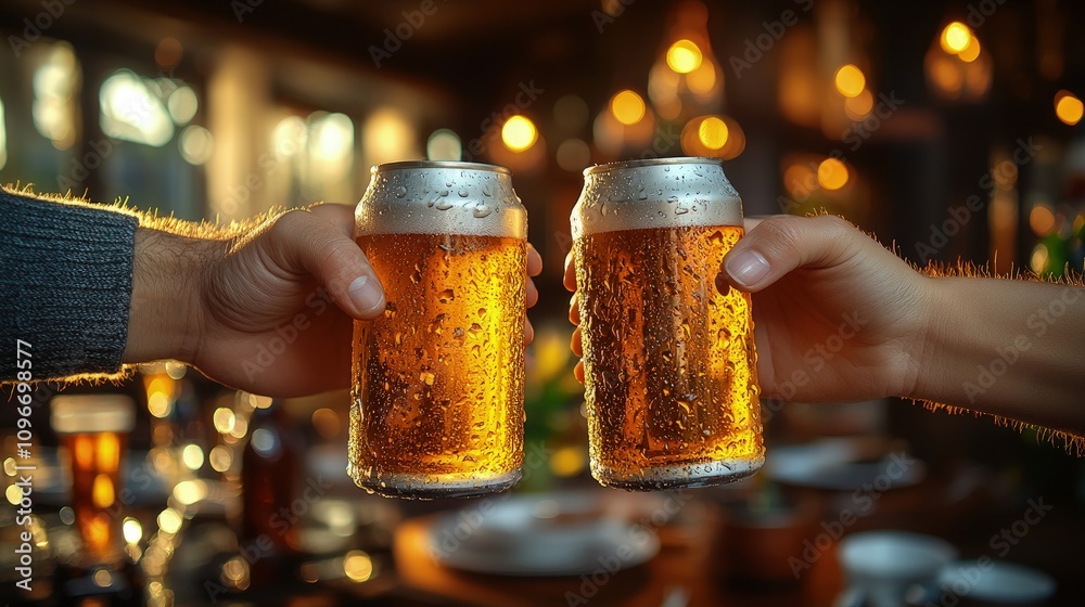 custom made wallpaper toronto digitalTwo hands meet in a toast, raising chilled beer cans in a cozy pub setting, illuminated softly