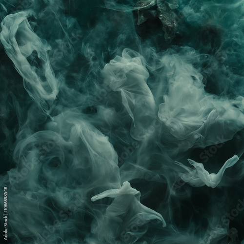 A dark fantasy movie still of the most beautiful, translucent, ghostly smoke in hues of teal, swirling and forming into shapeless figures floating above an ethereal ocean with black water. photo