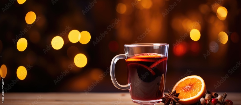 Cozy glass of mulled wine with spices and orange against a festive bokeh background creating a warm holiday atmosphere Cozy glass of mulled wine with spices and orange against a festive bokeh background creating a warm holiday atmosphere