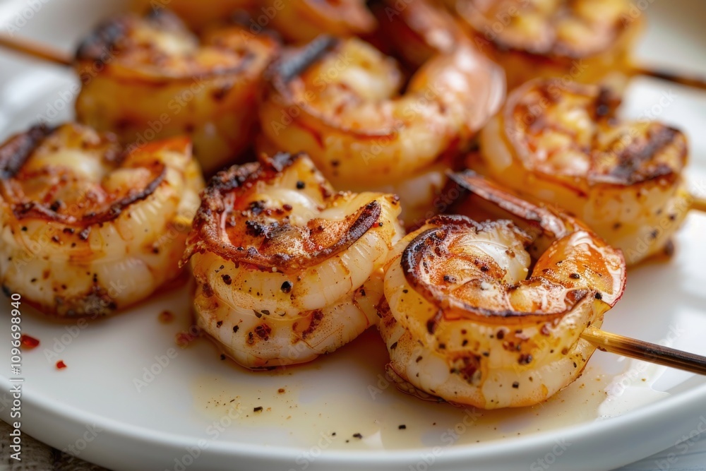 A plate of succulent grilled shrimp skewers on a stick, perfect for outdoor parties or BBQs A plate of succulent grilled shrimp skewers on a stick, perfect for outdoor parties or BBQs