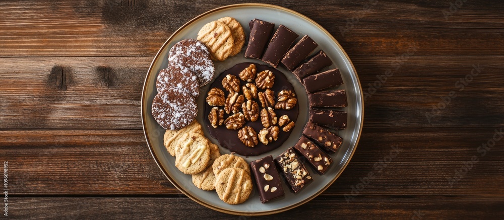 No-bake chocolate salami dessert featuring assorted cookies and walnuts presented on a ceramic plate with a rustic wooden backdrop. No-bake chocolate salami dessert featuring assorted cookies and walnuts presented on a ceramic plate with a rustic wooden backdrop.