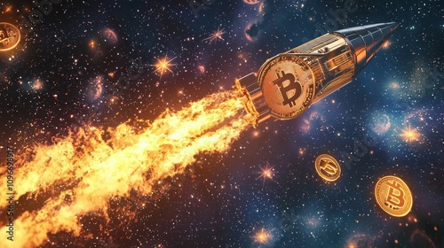 Bitcoin Crypto Coin Blasting Off Like Rocket Into Space With Golden Trail