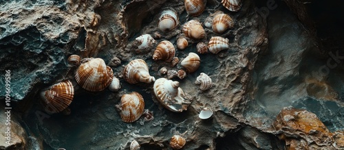 Marine shells scattered on rocky surface showcasing intricate patterns and textures in a natural coastal environment.