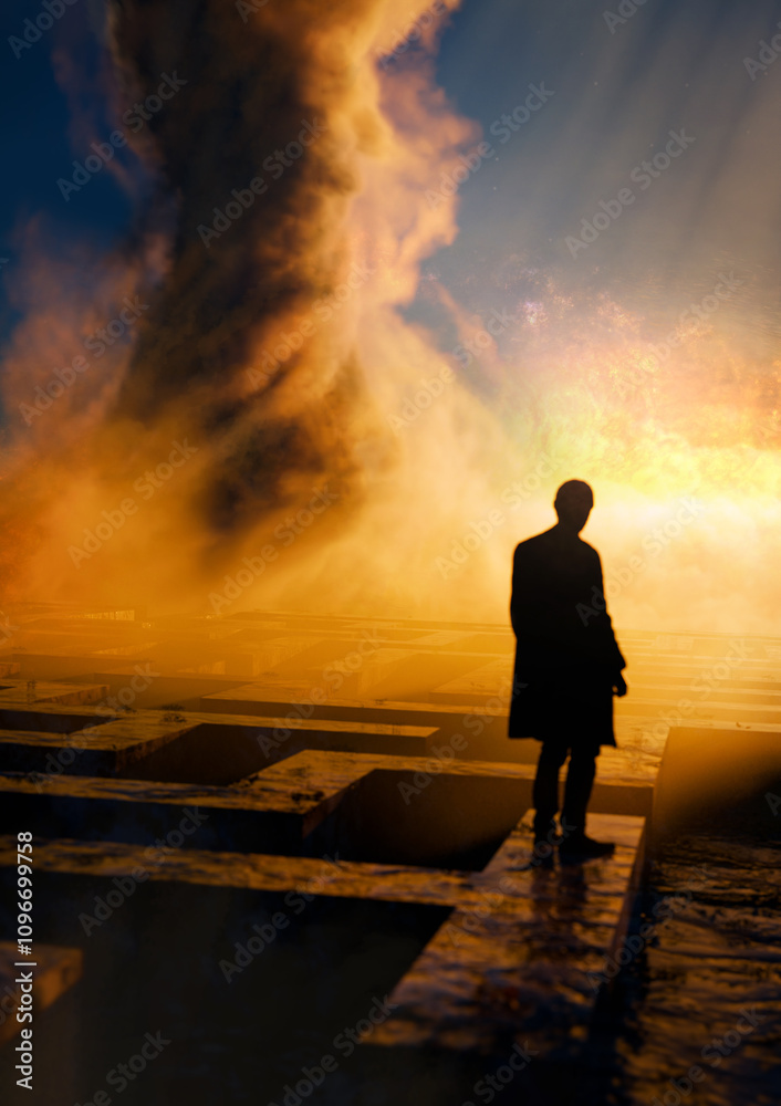Man standing on maze, looking at tromb, 3d animation Man standing on maze, looking at tromb, 3d animation
