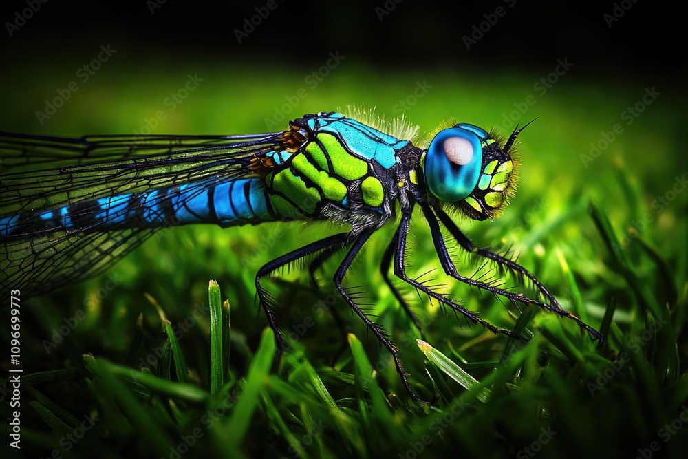 Close-up view of a dragonfly perched on grass, emphasizing its iridescent wings and delicate legs Close-up view of a dragonfly perched on grass, emphasizing its iridescent wings and delicate legs