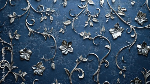 A luxurious background featuring deep royal blue with a textured surface, adorned with intricate silver floral patterns and delicate vine motifs. 