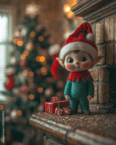 A playful Elf on the Shelf surrounded by holiday mischief in a cozy Christmas living room, with glitter, tiny presents, and festive decor creating a whimsical atmosphere. photo