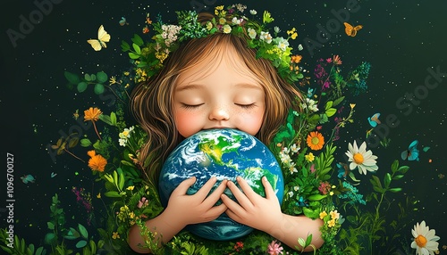 Earth Day design a child s loving hug for Planet Earth, surrounded by natural elements, signifying hope and commitment for a better future photo