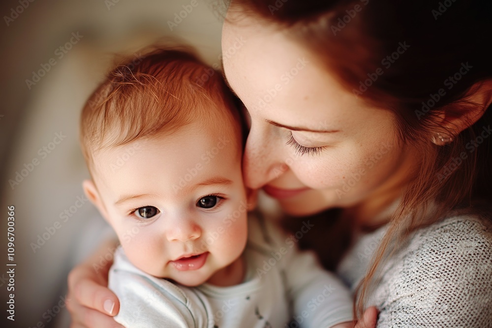 A mother holds her baby close, showcasing the special bond between them A mother holds her baby close, showcasing the special bond between them