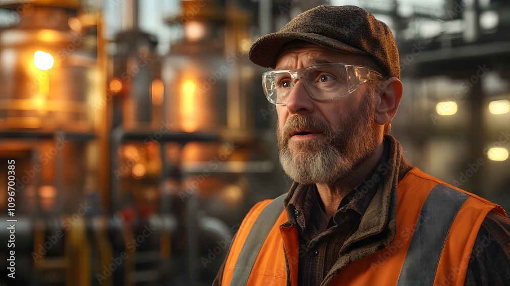 Experienced engineer, thoughtful expression, reviewing processes in a bustling chemical plant. Safety first! Experienced engineer, thoughtful expression, reviewing processes in a bustling chemical plant. Safety first!