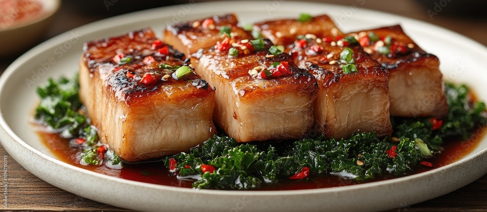 Boiled pork with lime garlic kale and chili sauce on a white plate showcasing healthy Asian cuisine and sustainable dining practices Boiled pork with lime garlic kale and chili sauce on a white plate showcasing healthy Asian cuisine and sustainable dining practices
