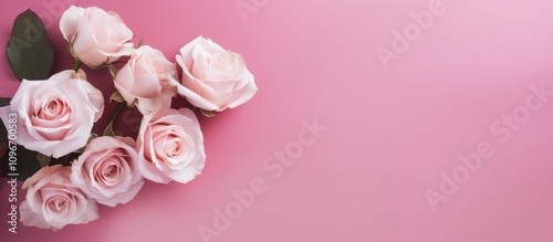 Soft pink roses arranged elegantly on a pastel pink background Ideal for romantic gifts and greeting card designs Flat lay composition