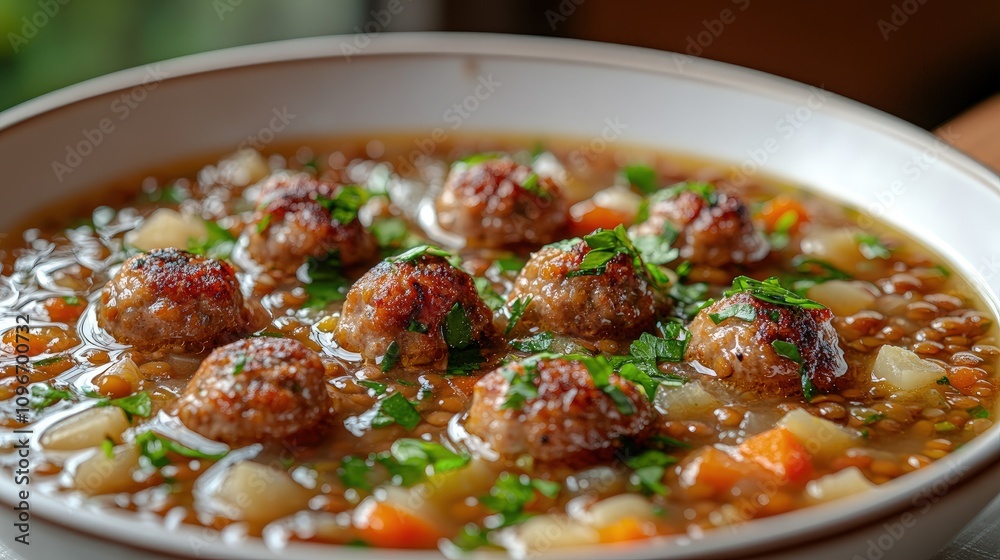 Savory meatballs float in a rich broth filled with colorful vegetables and herbs