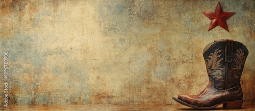Cowboy backdrop with vintage paper texture showcasing a western boot and star ideal for rustic themed designs and text placement. photo