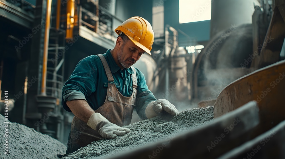 Middle-aged engineer meticulously inspects concrete mix, ensuring top-notch quality control in a bustling industrial setting. Middle-aged engineer meticulously inspects concrete mix, ensuring top-notch quality control in a bustling industrial setting.