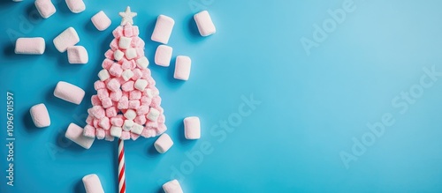 Christmas Candy Cane and Marshmallow Tree Arrangement on Blue Background Flat Lay Display of Holiday Treats and Festive Decorations photo