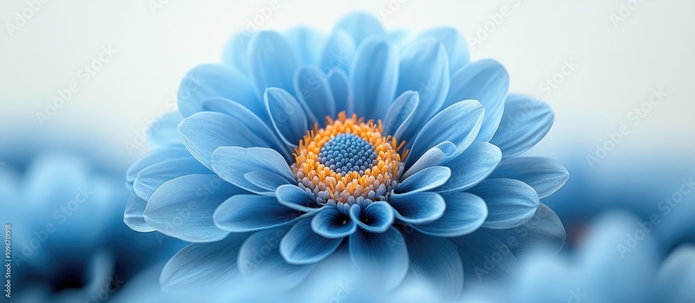 Close up of vibrant blue chrysanthemum flower with intricate petals and contrasting orange center on a soft white background Close up of vibrant blue chrysanthemum flower with intricate petals and contrasting orange center on a soft white background